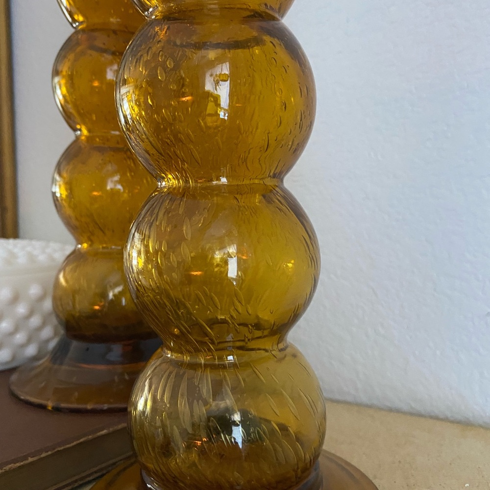 Vintage Midcentury Hand Blown Amber Bubble Glass Candle Holders MCM - Picture 3 of 7